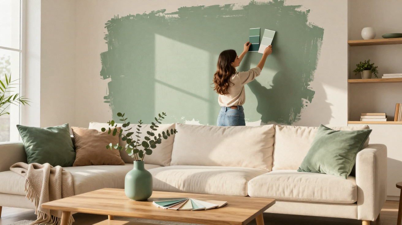 Mulher a escolher tons de verde para pintar a parede numa sala com sofá creme e mesa de madeira.