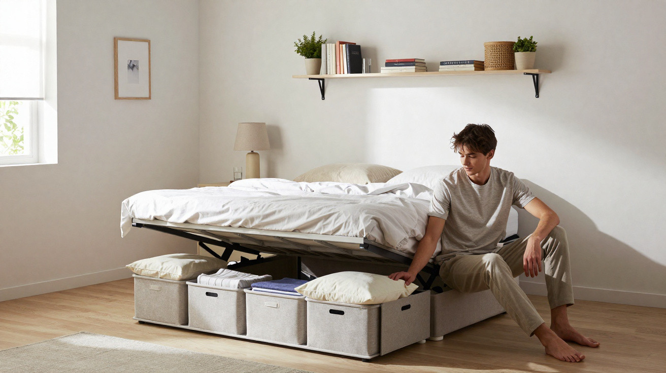 Homem sentado numa cama com compartimento de arrumação aberto e várias caixas organizadoras em quarto minimalista.