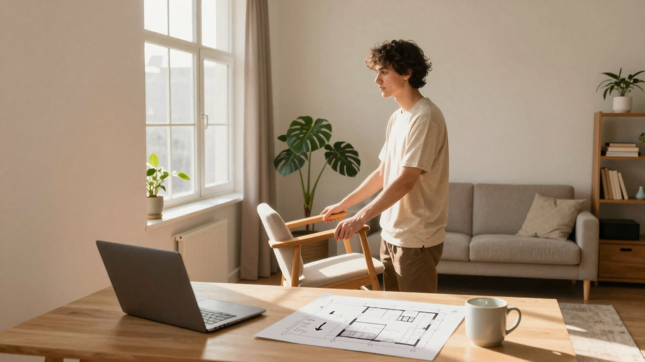 Homem em sala de estar ao lado de planta arquitetónica e computador portátil numa mesa de madeira.