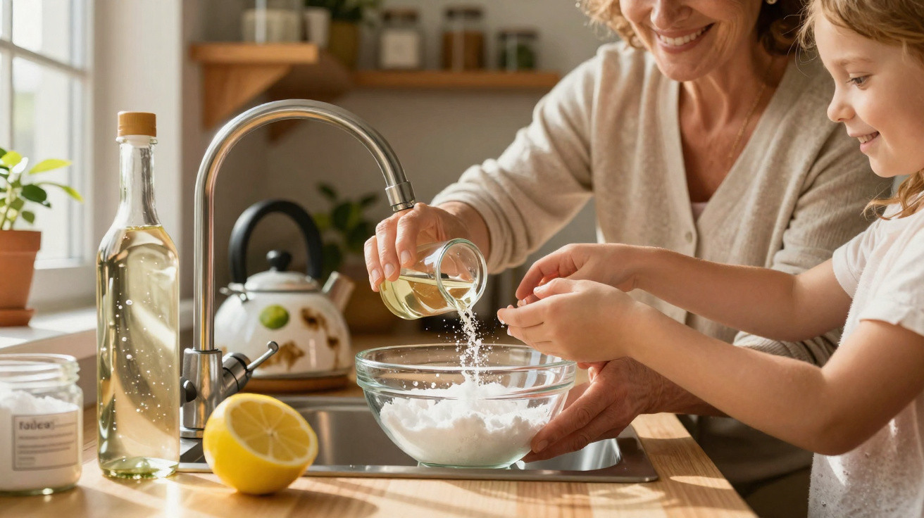 Mulher e criança felizes a cozinhar juntas numa cozinha iluminada, a misturar ingredientes numa taça de vidro.