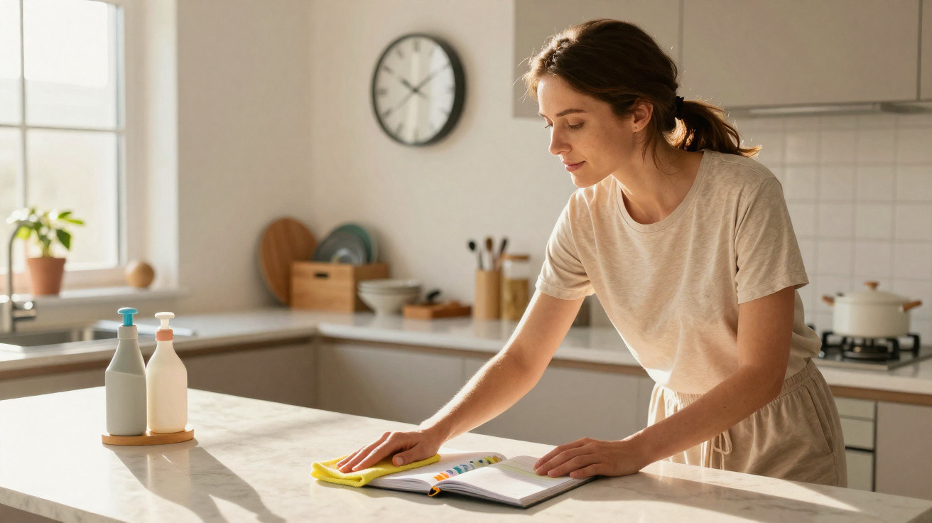 Mulher limpa bancada de cozinha enquanto consulta livro de receitas num ambiente iluminado e moderno.