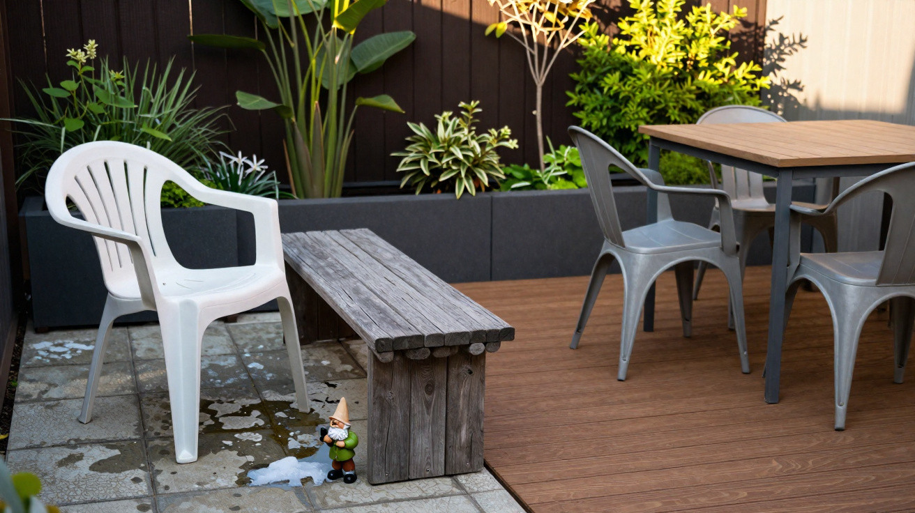 Espaço exterior com cadeiras, banco de madeira, mesa e plantas decorativas ao fundo.