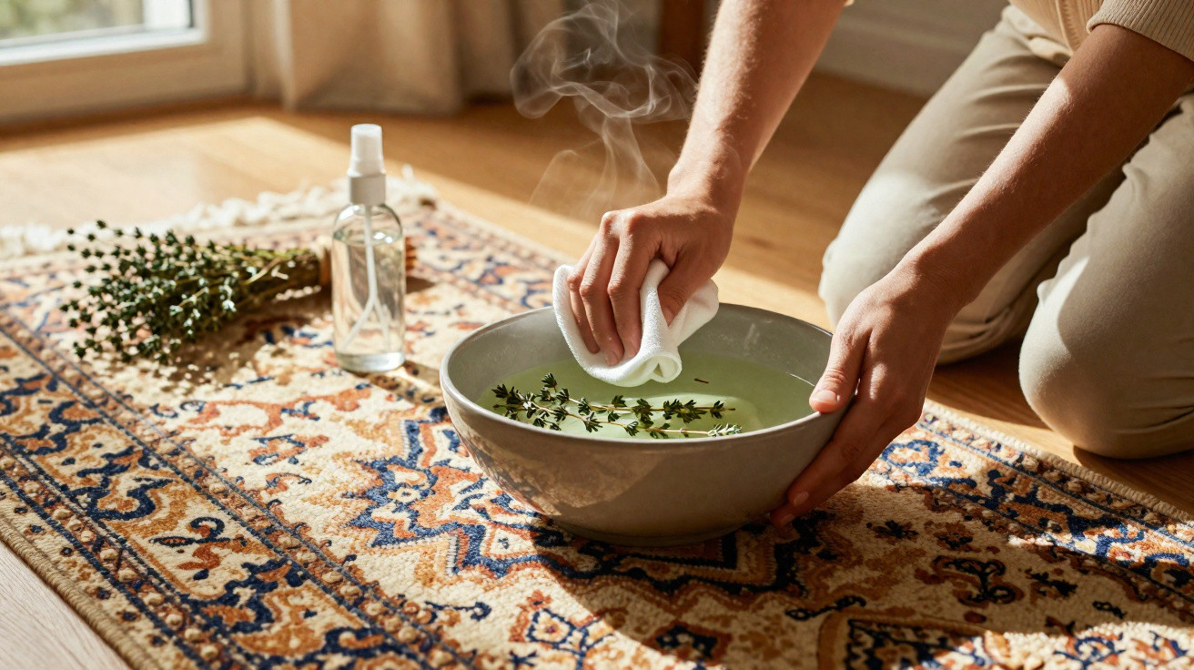 Pessoa a limpar tapete persa com pano e vapor, usando infusão de plantas aromáticas num recipiente.