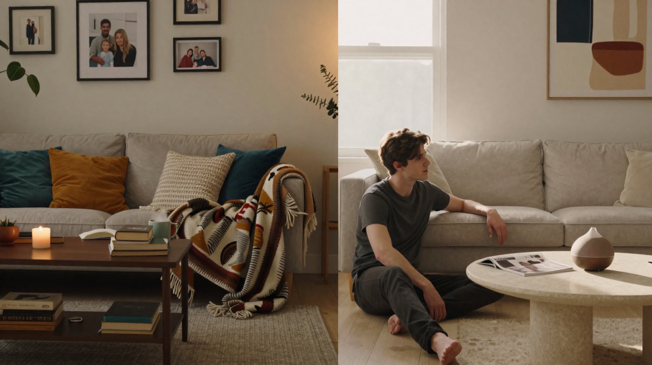 Homem sentado no chão de uma sala acolhedora com sofá, mesa baixa, livros e decoração moderna.