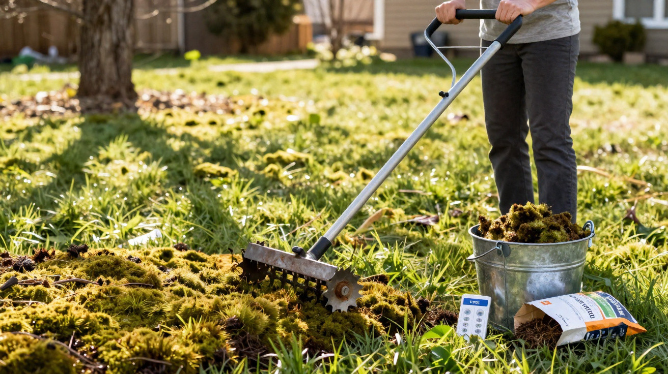 Pessoa a remover musgo do relvado com uma ferramenta de jardinagem, ao lado de um balde e saco de produto.