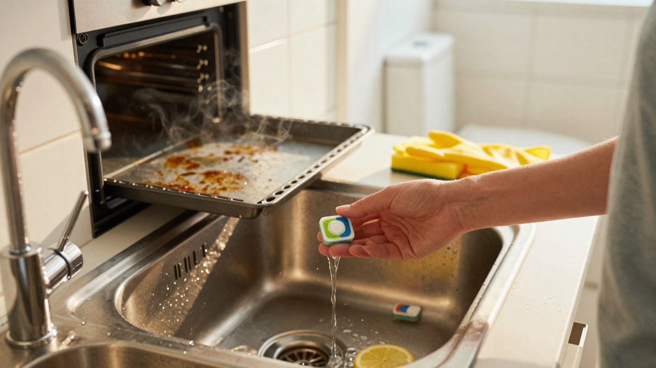 Pessoa segura cápsula de detergente junto a forno aberto com tabuleiro sujo a ser lavado na pia da cozinha.