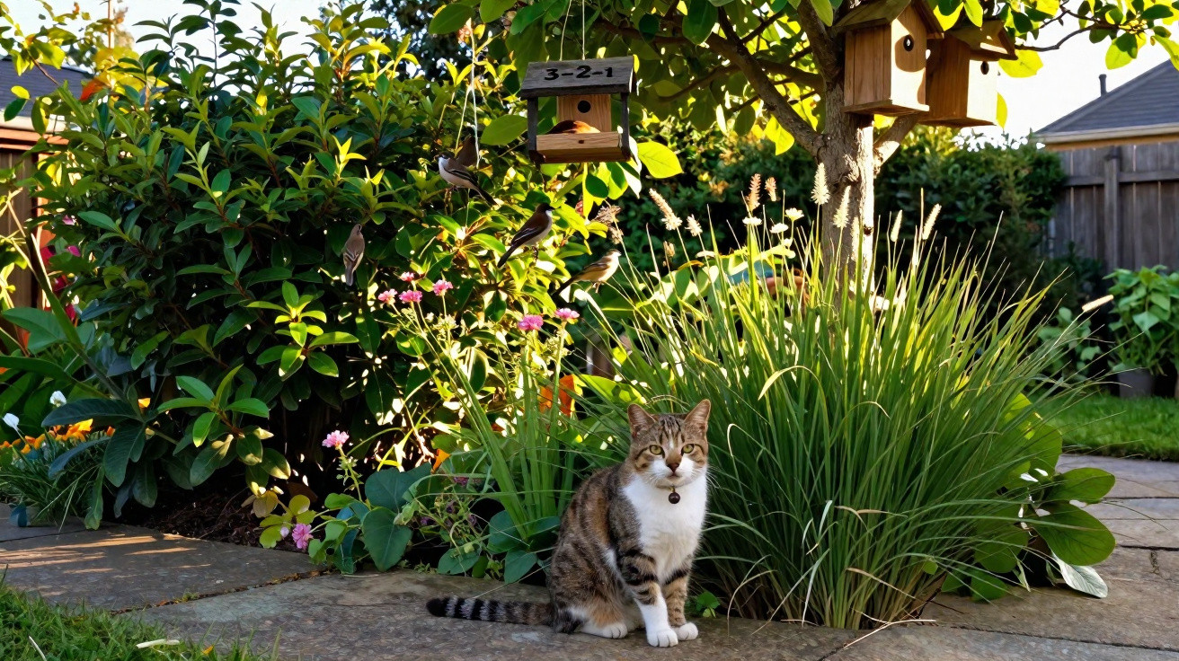 Gato sentado num jardim com plantas, flores e comedouros de pássaros pendurados numa árvore.