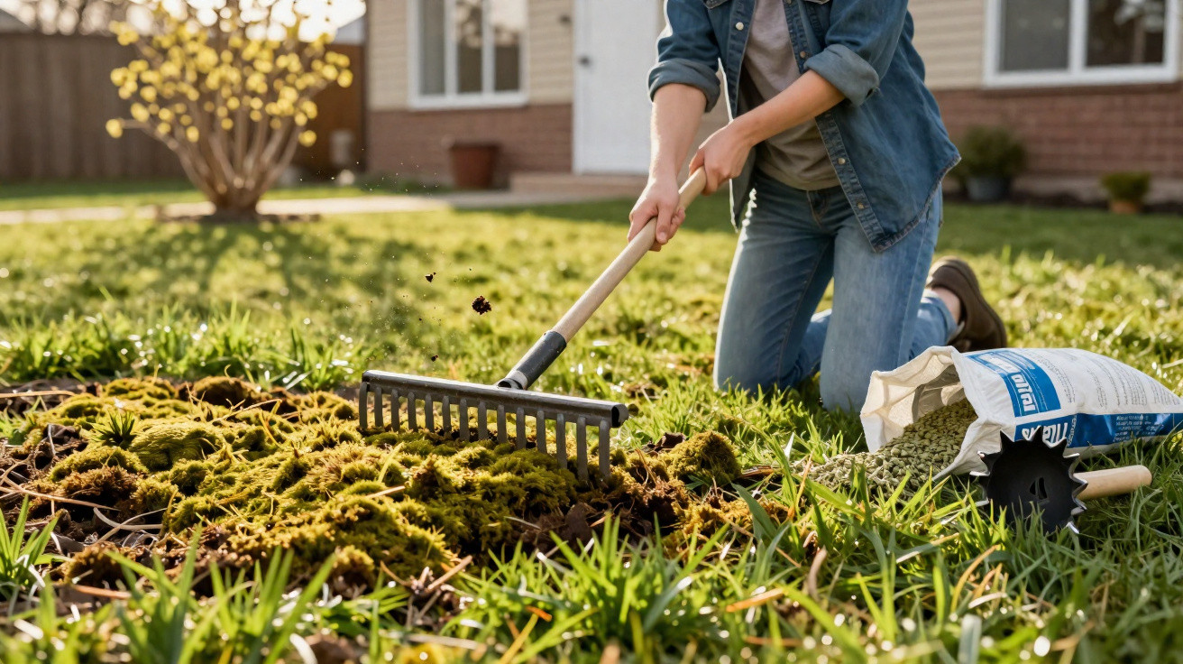 Pessoa a utilizar um ancinho para remover musgo do jardim durante um dia ensolarado.
