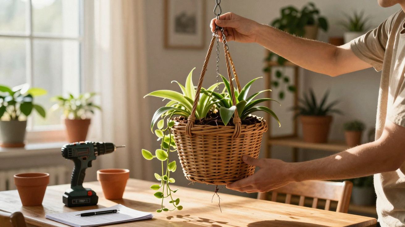 Pessoa a segurar um vaso pendente com plantas num interior iluminado por luz natural.