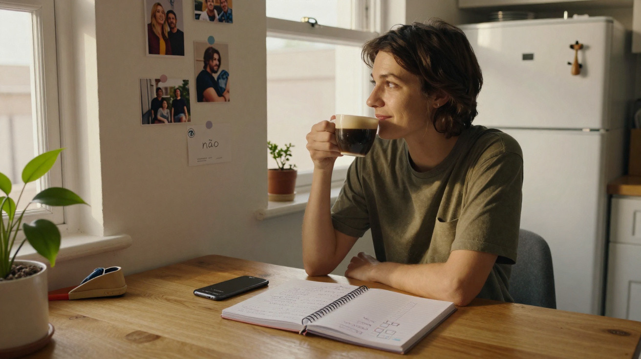 Pessoa jovem a beber café e olhar pela janela enquanto está sentada numa mesa com caderno aberto e telemóvel.