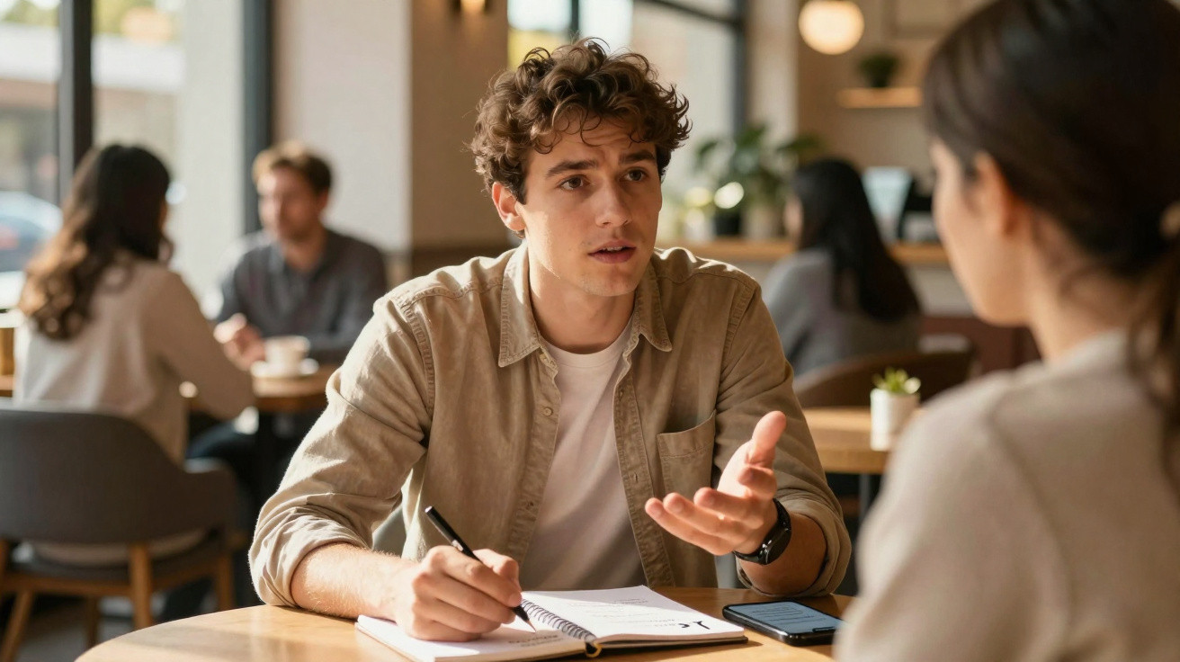 Homem jovem a conversar e a apontar notas num caderno durante reunião informal num café.
