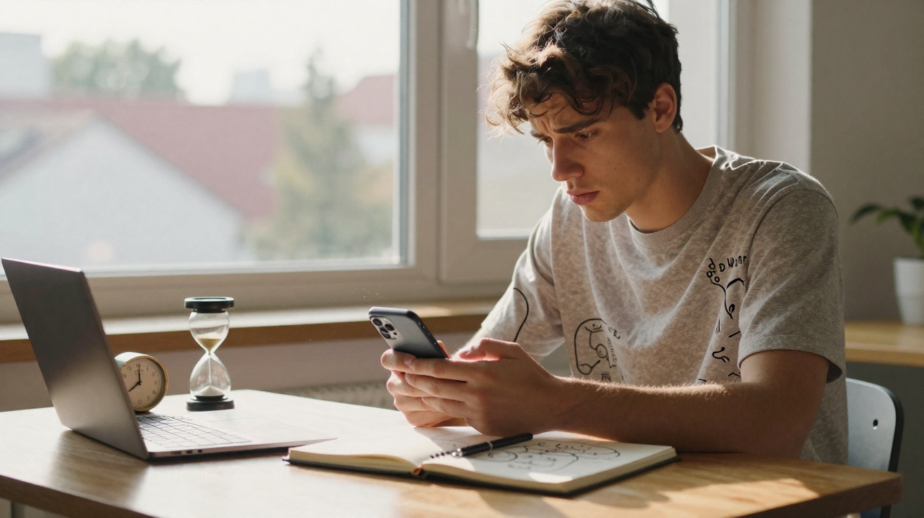Jovem sentado à mesa a olhar para o telemóvel, com computador portátil, ampulheta e caderno à sua frente.