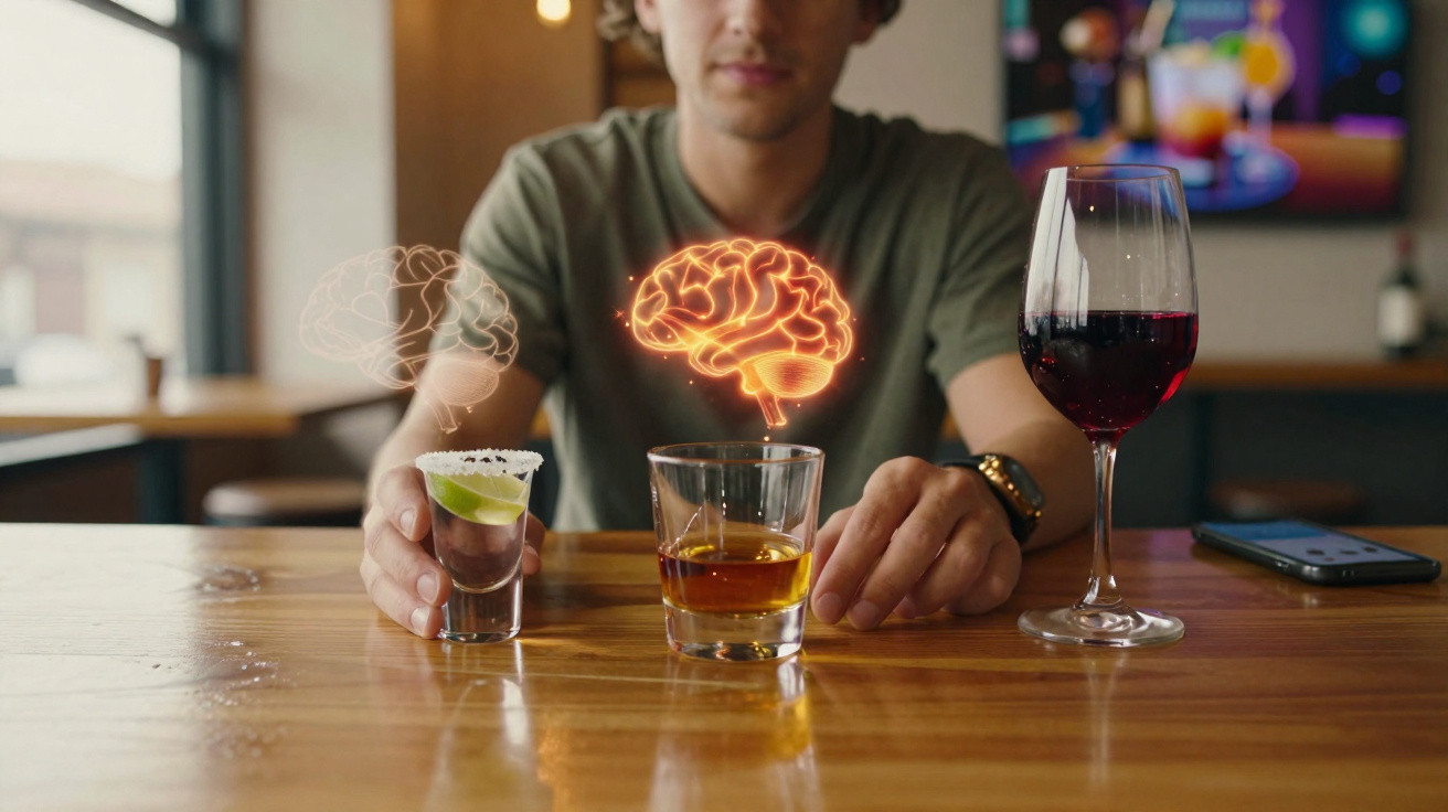 Homem sentado numa mesa com três copos de bebidas alcoólicas e ilustração de cérebro sobre os dois primeiros copos.