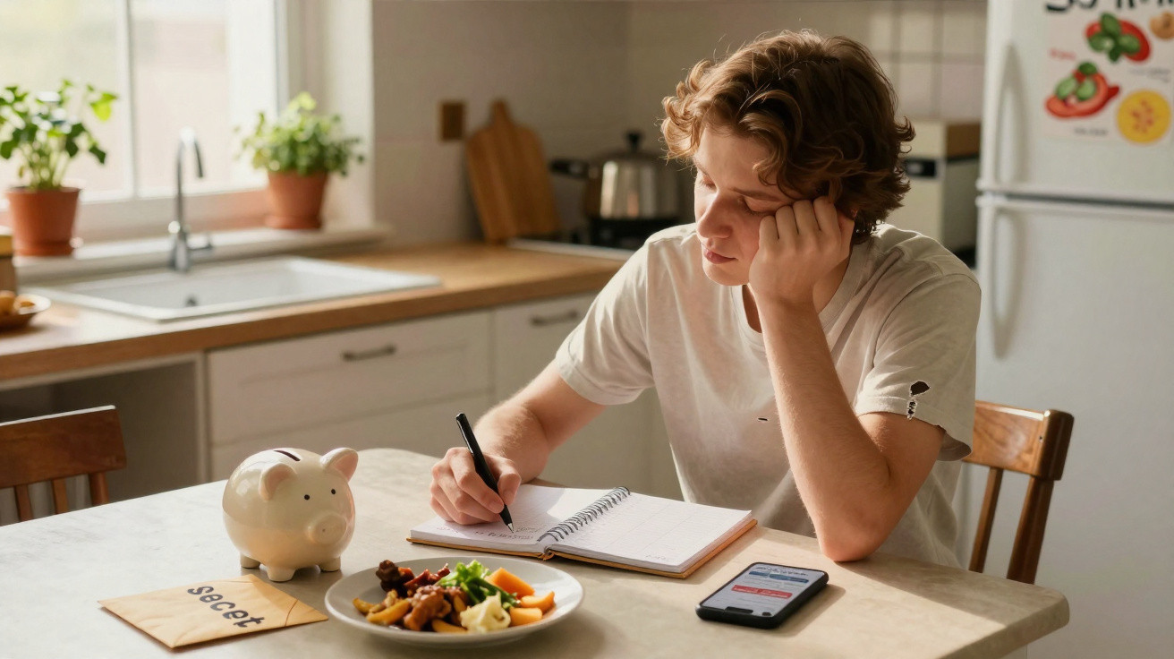 Jovem sentado à mesa na cozinha, a escrever num caderno, com mealheiro e prato de comida à frente.