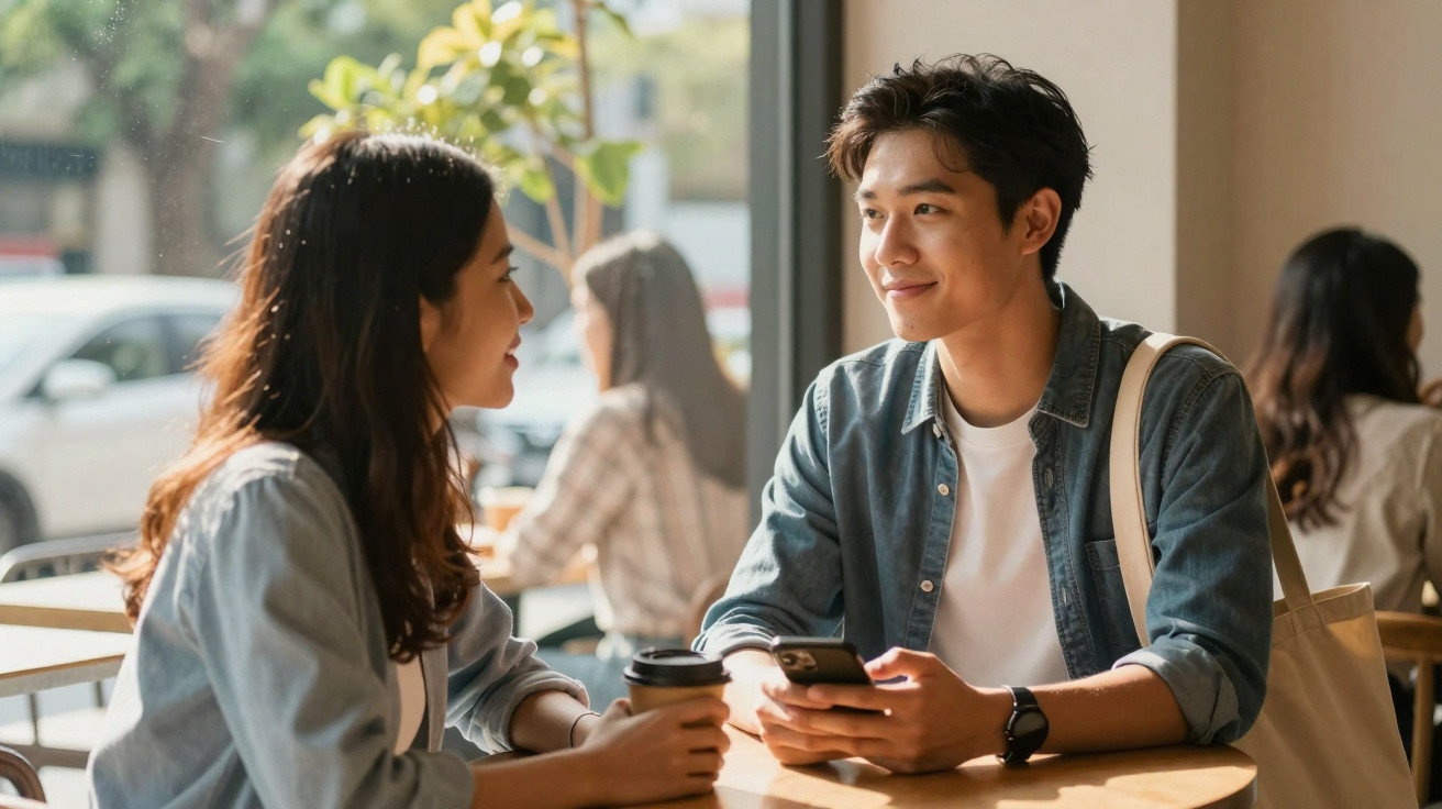 Dois jovens conversam e sorriem num café, enquanto seguram um telemóvel e um copo de café.