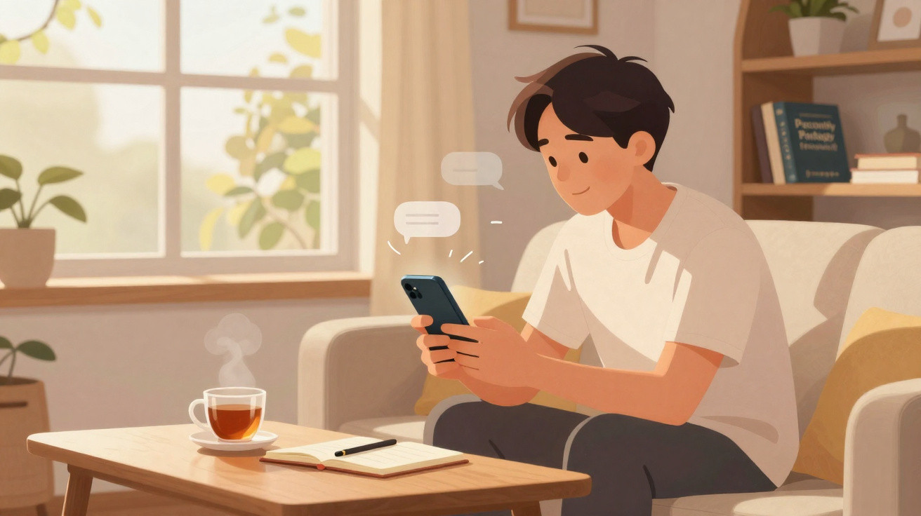 Jovem sentado num sofá, a usar o telemóvel, com chá quente e caderno numa mesa de madeira à frente.