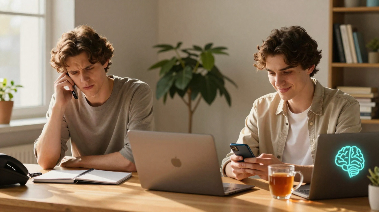 Dois jovens sentados à mesa com computadores portáteis, um alheado no telefone, outro a sorrir no telemóvel.