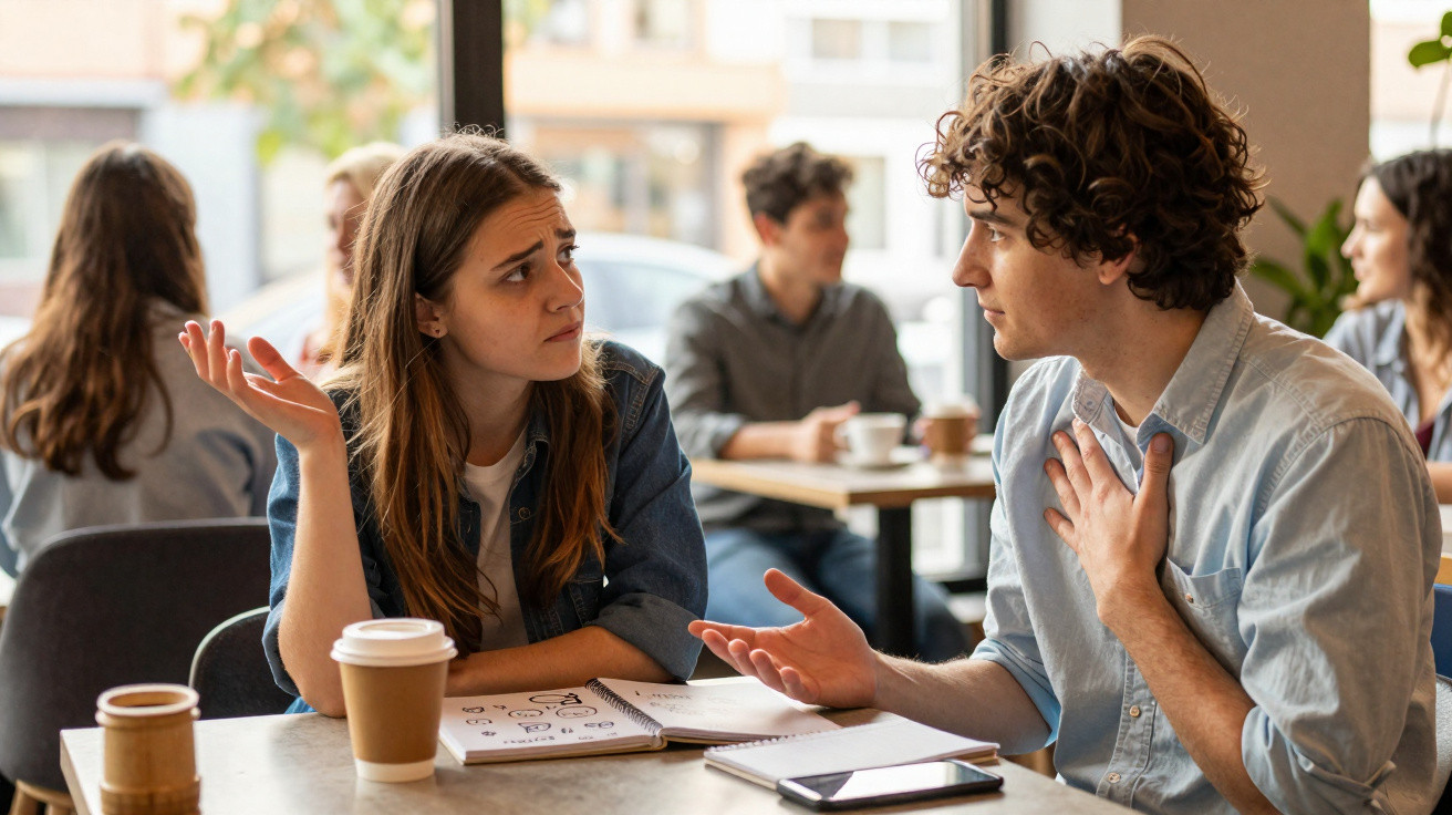 Jovem casal discute com expressão preocupada numa mesa de café com cadernos e chávenas à frente.