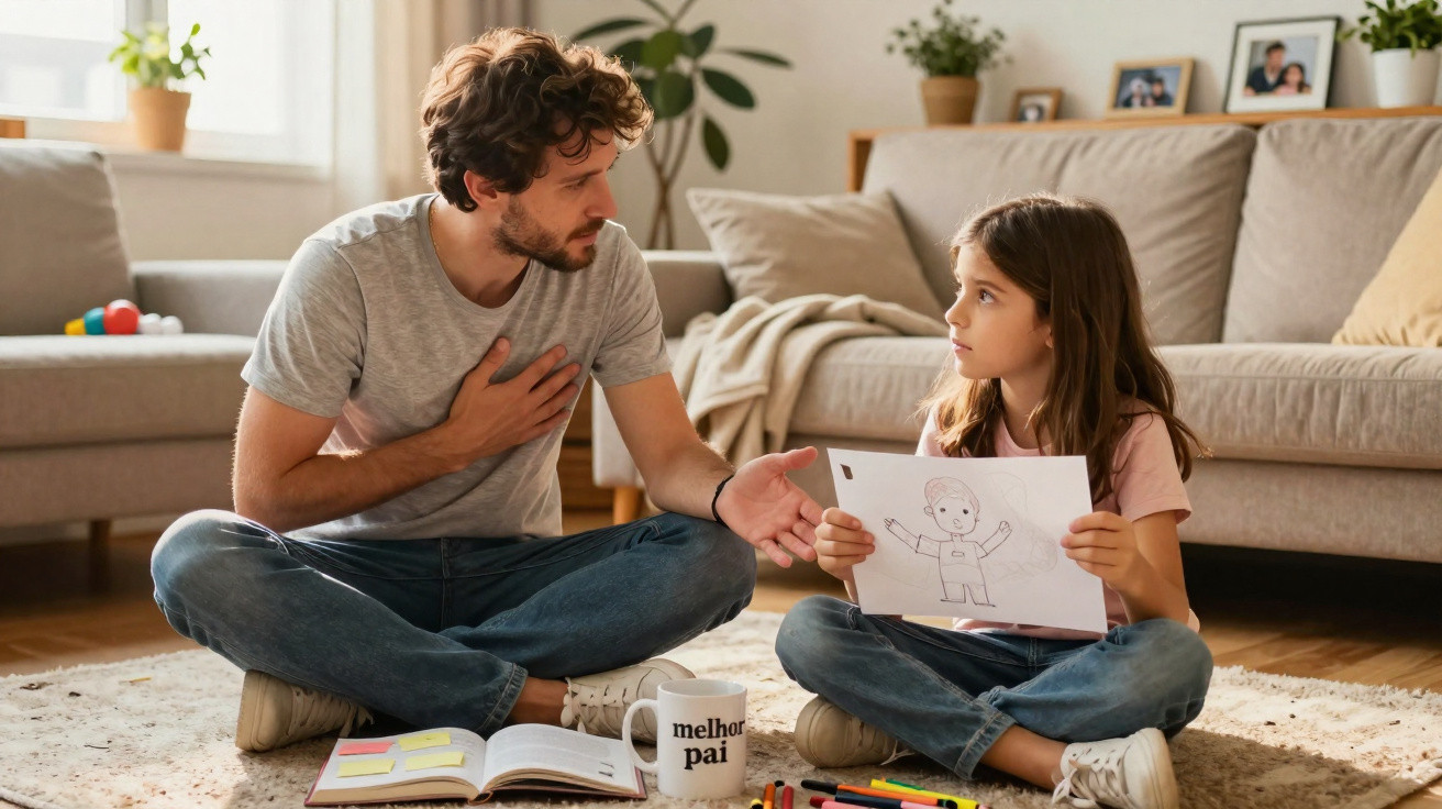 Pai e filha sentados no chão da sala, filha mostra desenho ao pai que fala com a mão no peito.