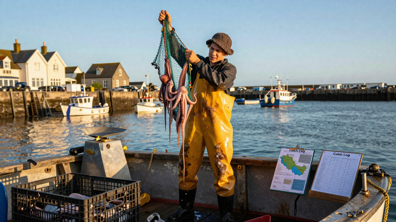 Pescador em fato amarelo segura rede com polvos frescos num barco junto ao cais ao pôr do sol.