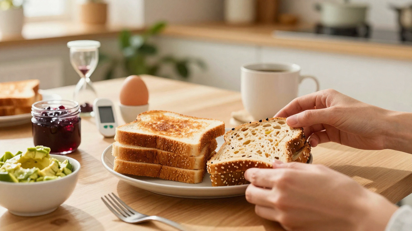 Pessoa a pegar fatia de pão com sementes em mesa com torradas, chávena, ovo, compota e dispositivos de medição.