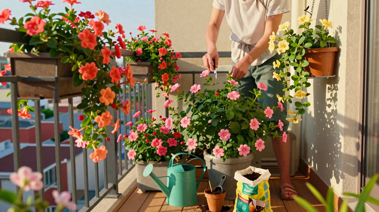 Pessoa a cuidar de flores coloridas num terraço com regador e ferramentas de jardinagem.