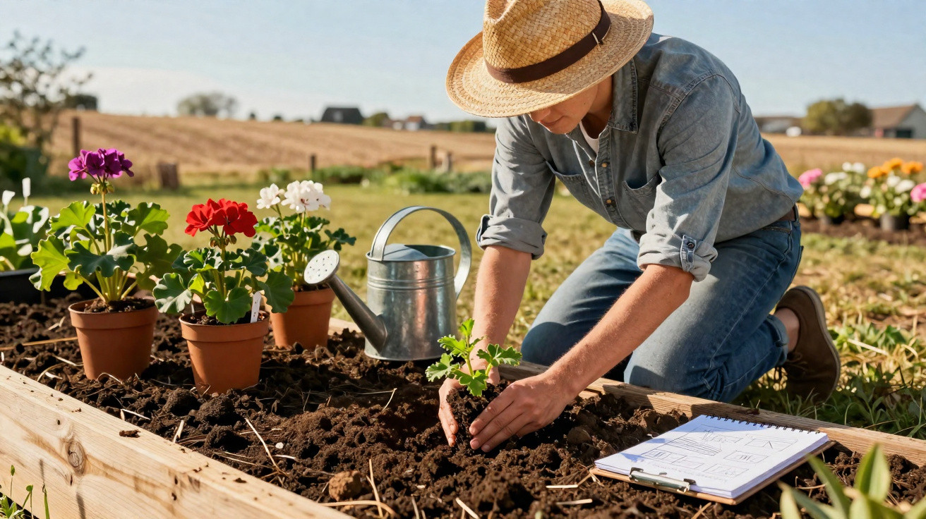 Pessoa de chapéu a plantar muda numa jardinagem ao ar livre, com regador e flores ao lado.
