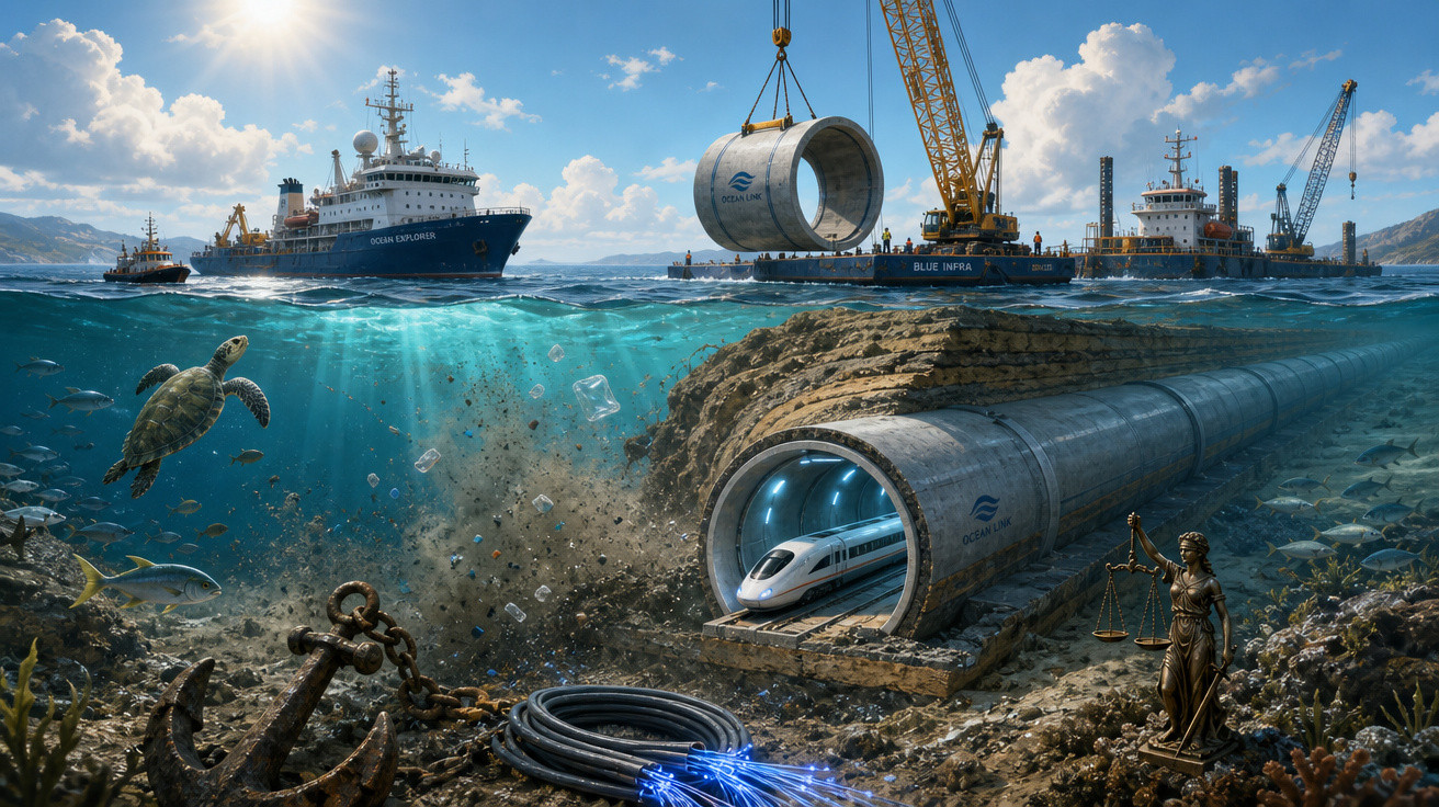 Obras submarinas de um túnel para comboio de alta velocidade com vida marinha e navios em superfície.