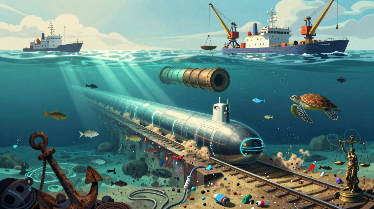 Submarino com trilhos de comboio no fundo do mar rodeado de peixes, tartaruga e navios na superfície.