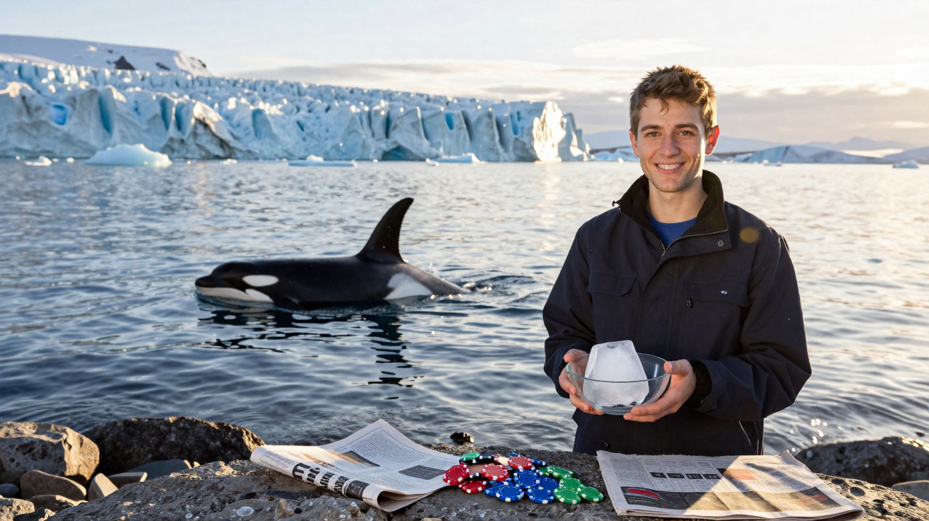 Homem sorridente com tigela de gelo na mão junto a mesa com jornais e fichas, orca e geleira ao fundo.