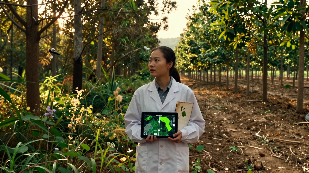 Mulher com bata branca segura tablet com mapa agrícola numa plantação iluminada pelo sol.