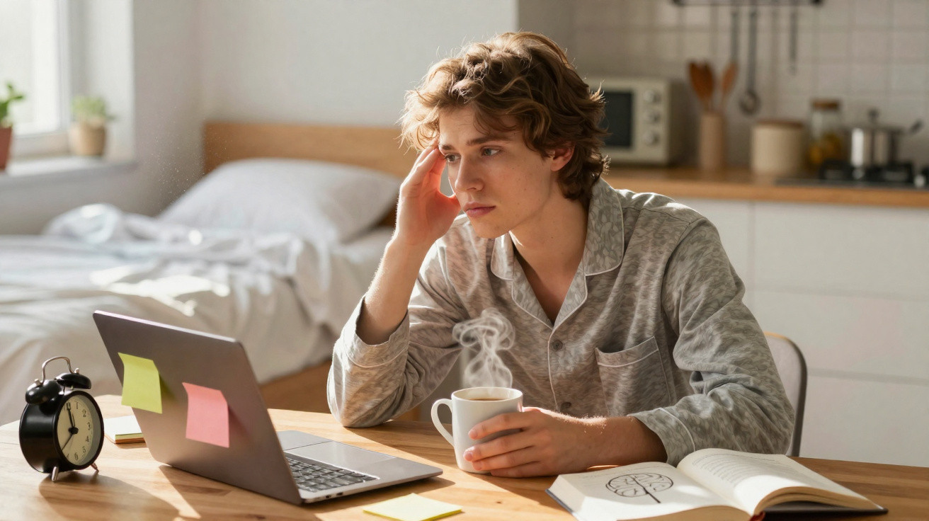 Jovem sentado à mesa de manhã com pijama, segurando chá, olhando para computador portátil, rodeado de livros e despertador.