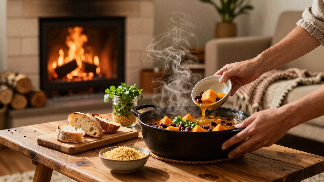 Pessoa a servir sopa quente com legumes e ervas numa sala acolhedora com lareira acesa ao fundo.