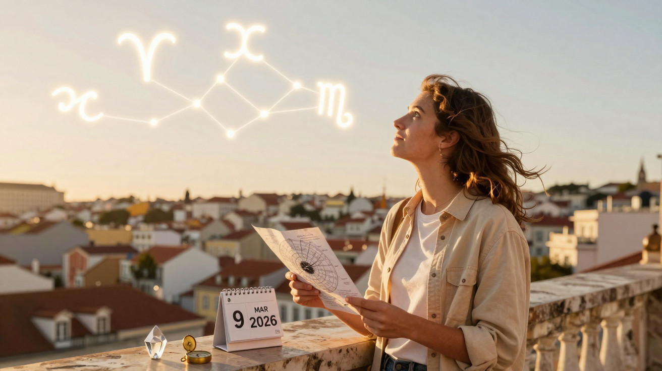 Mulher observa sinais astrológicos brilhantes no céu segurando mapa, com calendário e bússola sobre parede.