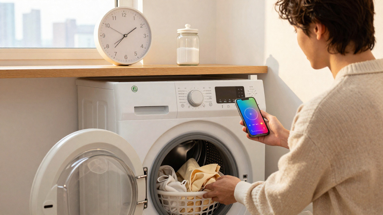 Pessoa a programar máquina de lavar roupa com smartphone numa lavandaria doméstica iluminada.