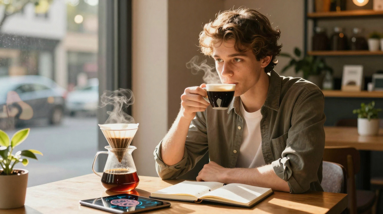 Homem jovem a beber café numa chávena, sentado junto a uma janela com livro aberto e cafeteira de vidro quente.