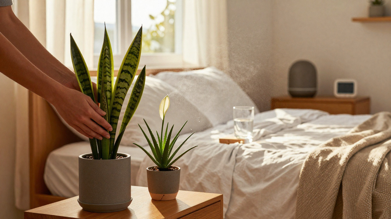 Pessoa a regar planta numa mesa de cabeceira ao lado de uma cama num quarto iluminado pela luz natural.