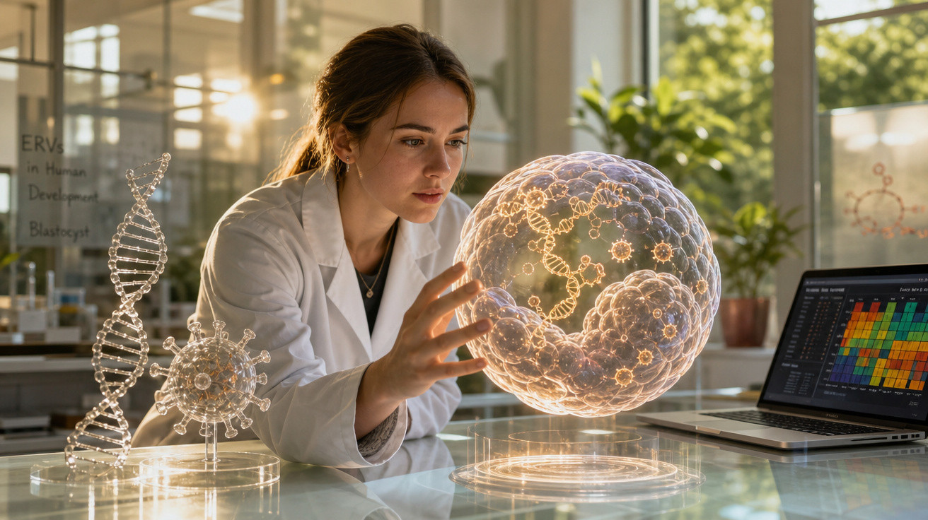 Cientista em laboratório interage com modelo holográfico de vírus e DNA, com computador e gráficos ao fundo.