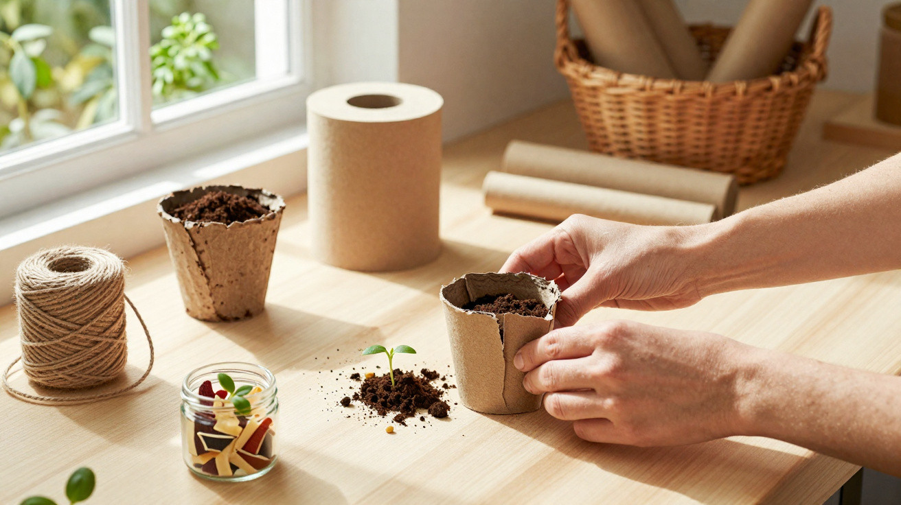 Mãos a plantar uma semente em vaso biodegradável com terra sobre mesa junto a janela luminosa.