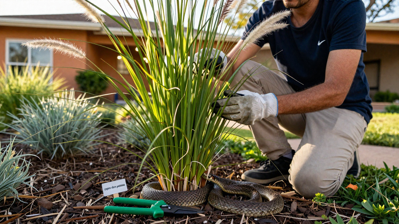 Homem a cuidar de plantas num jardim com cobra enrolada junto a um arbusto com etiqueta.