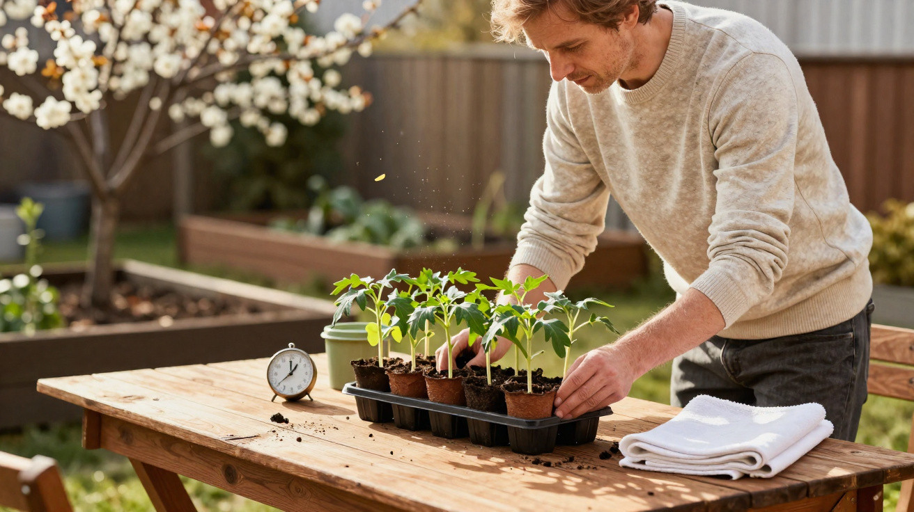 Homem a cuidar de plantas jovens num tabuleiro, ao ar livre, numa mesa de madeira com toalha branca.