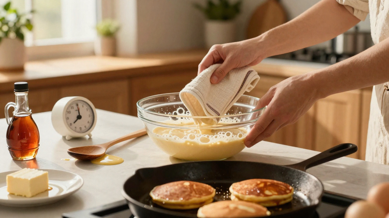Pessoa a preparar massa para panquecas na cozinha, com panquecas a cozinhar numa frigideira.