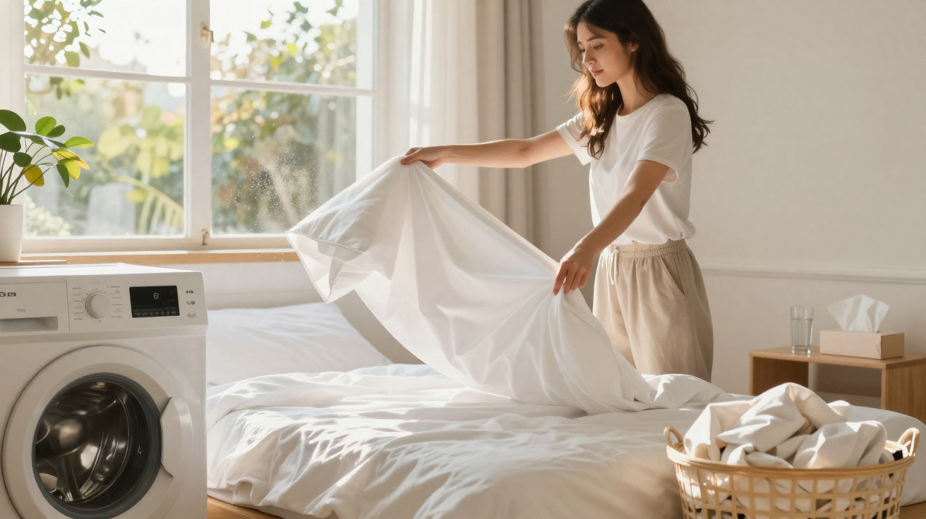 Mulher a estender lençol branco na cama num quarto iluminado por luz natural junto a uma janela aberta.