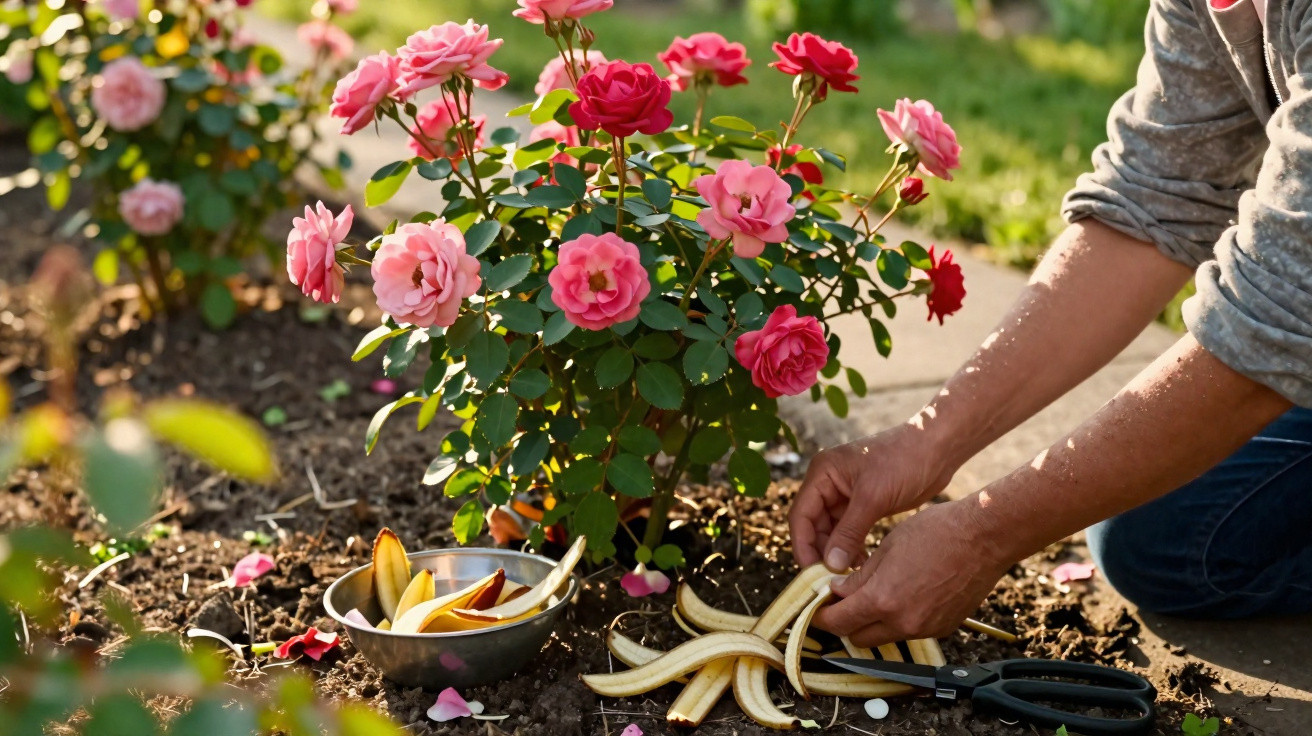Pessoa a cuidar de rosas cor-de-rosa num jardim, com tesoura e pedaços de cana no chão.