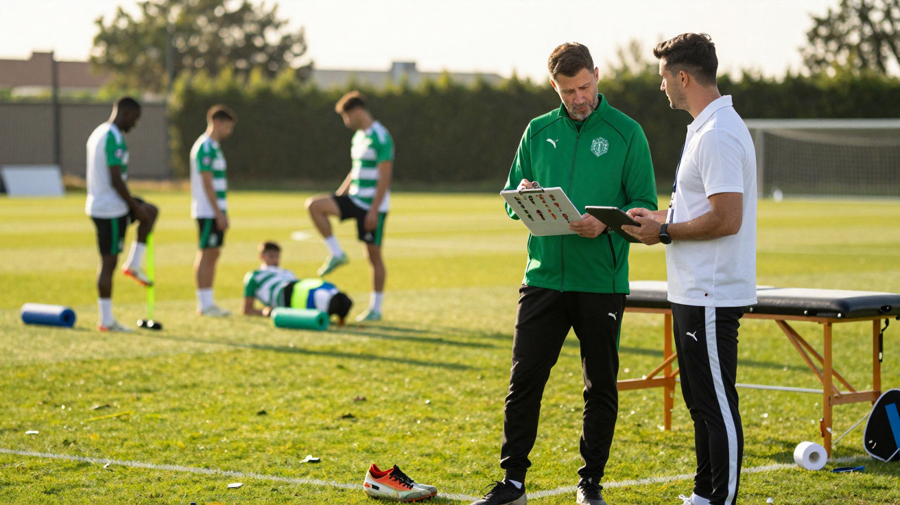 Treinadores e jogadores de futebol em treino num campo com equipamento de recuperação.