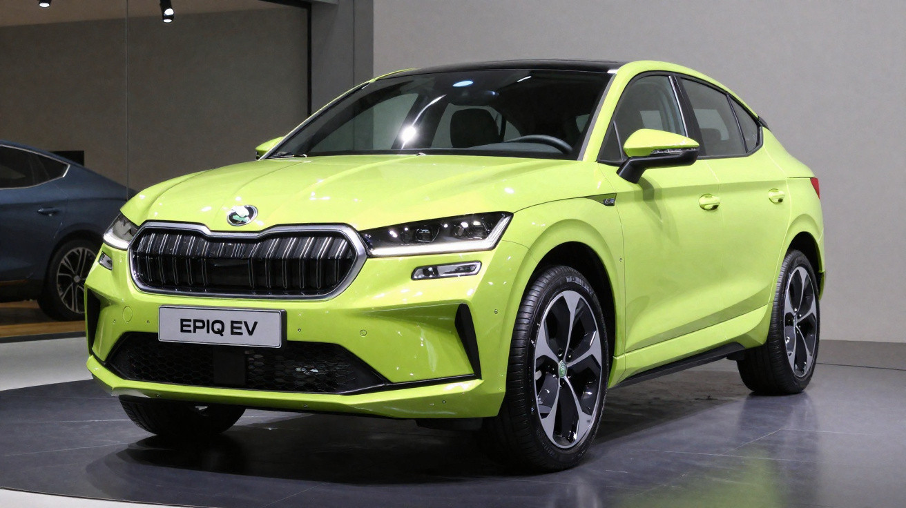 Automóvel elétrico Škoda EPIQ EV verde limão estacionado em exposição interior moderna.