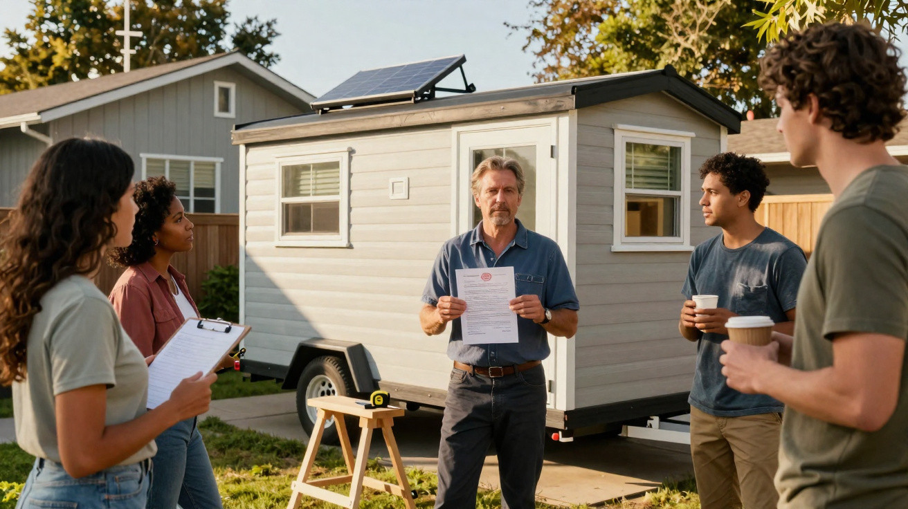 Grupo de pessoas discute projeto junto a casa móvel com painéis solares no telhado durante dia ensolarado.