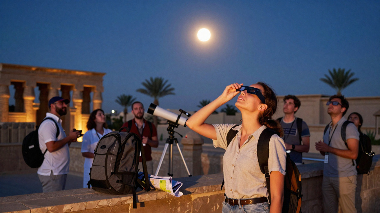 Grupo de pessoas observam o céu noturno com óculos especiais e telescópio em ambiente arqueológico.