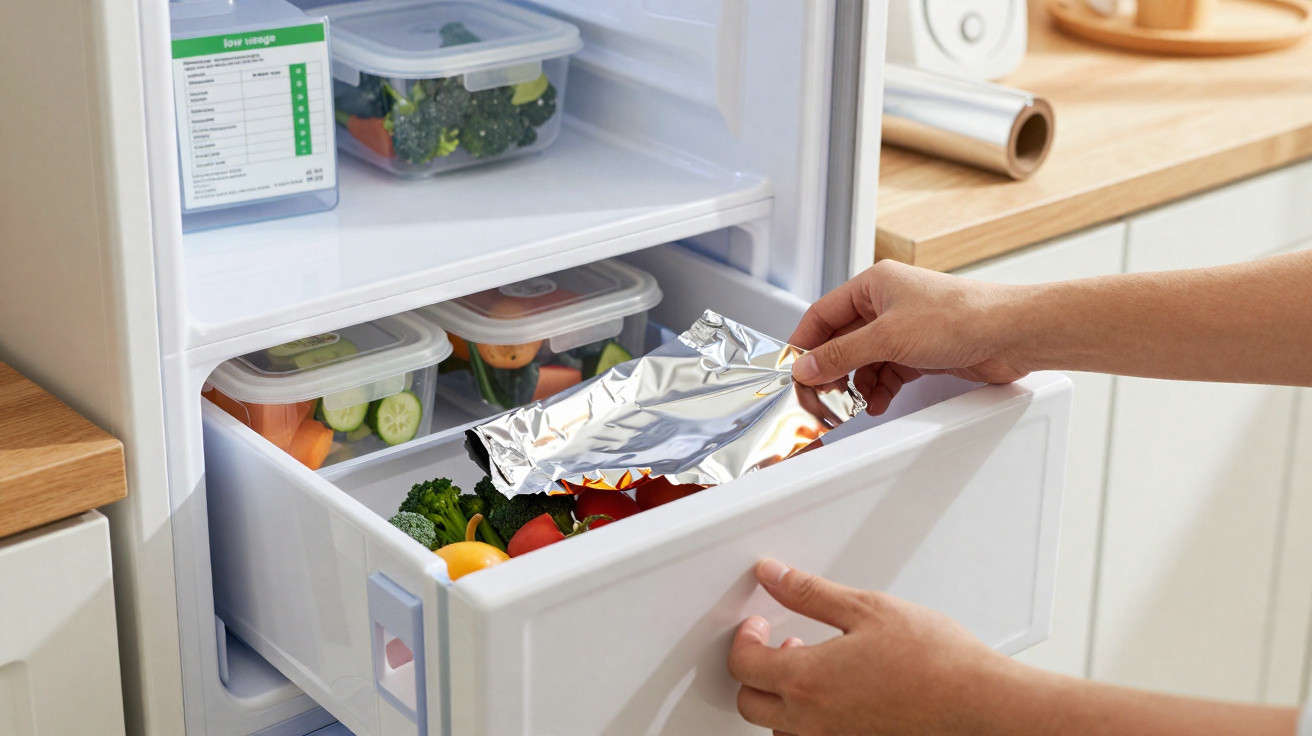 Pessoa abre gaveta do frigorífico com legumes frescos e recipientes de plástico organizados.