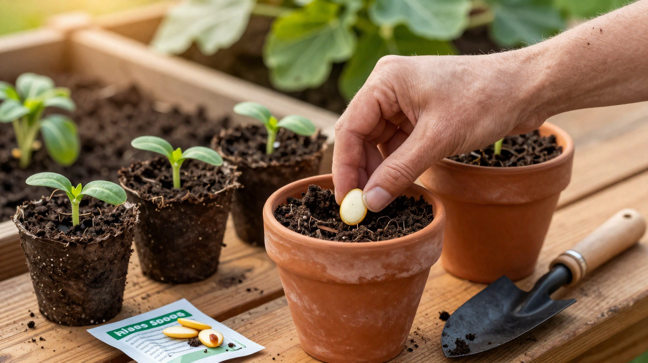 Mão a plantar semente em vaso de barro com mudas e ferramenta de jardinagem numa mesa de madeira.